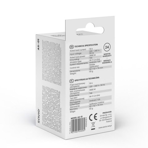 SAVIO INTELIGENTNE GNIAZDKO WI-FI, 16A, TIMER, POMIAR ZUŻYCIA ENERGII, AS-01 SAVIO INTELIGENTNE GNIAZDKO WI-FI, 16A, TIMER, POMIAR ZUŻYCIA ENERGII, AS-01