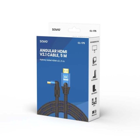SAVIO KABEL HDMI (M) V2.1, KĄTOWY, 5M, 8K, MIEDŹ, NIEBIESKO-CZARNY, ZŁOTE KOŃCÓWKI, ETHERNET/3D CL-175 SAVIO KABEL HDMI (M) V2.1, KĄTOWY, 5M, 8K, MIEDŹ, NIEBIESKO-CZARNY, ZŁOTE KOŃCÓWKI, ETHERNET/3D CL-175