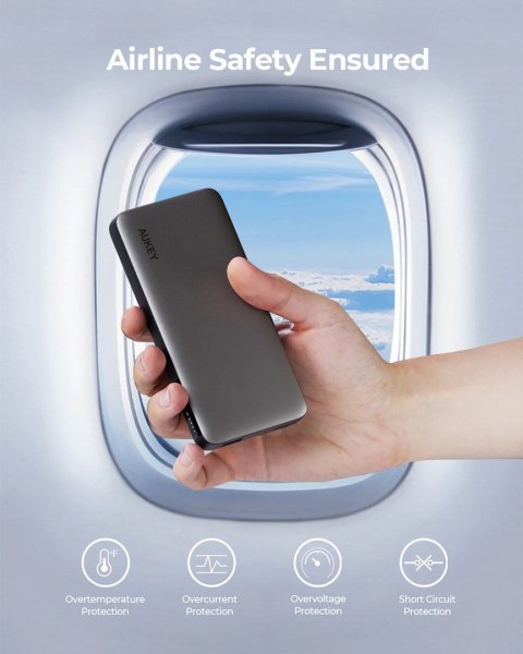 AUKEY POWERBANK 10 000 MAH, USB-C PD 30W, USB-A 22W, SZARY