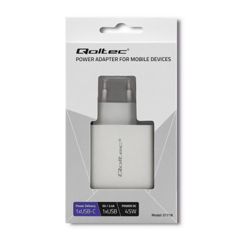 QOLTEC ŁADOWARKA SIECIOWA 45W | 5-20V | 2.4-3A | USB TYP C PD | USB | BIAŁA QOLTEC ŁADOWARKA SIECIOWA 45W | 5-20V | 2.4-3A | USB TYP C PD | USB | BIAŁA