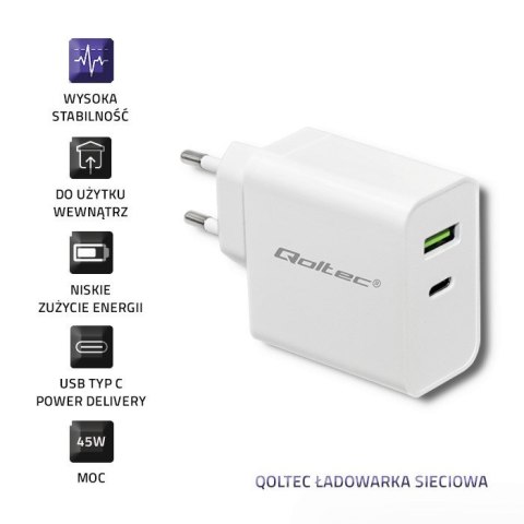 QOLTEC ŁADOWARKA SIECIOWA 45W | 5-20V | 2.4-3A | USB TYP C PD | USB | BIAŁA QOLTEC ŁADOWARKA SIECIOWA 45W | 5-20V | 2.4-3A | USB TYP C PD | USB | BIAŁA