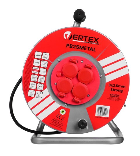 Przedłużacz elektryczny bębnowy 25M VERTEX 3x2,5mm PB25METAL czarny Przedłużacz elektryczny bębnowy 25M VERTEX 3x2,5mm PB25METAL czarny