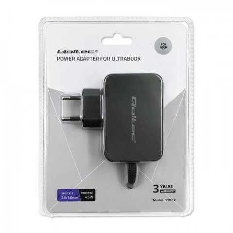 QOLTEC ZASILACZ DO ULTRABOOKA ASUS 45W | 19V | 2.37A | 3.0*1.0 QOLTEC ZASILACZ DO ULTRABOOKA ASUS 45W | 19V | 2.37A | 3.0*1.0