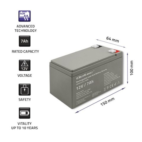 QOLTEC AKUMULATOR AGM 12V | 7AH | MAX. 105A | SECURITY QOLTEC AKUMULATOR AGM 12V | 7AH | MAX. 105A | SECURITY