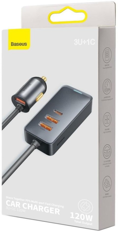 ŁADOWARKA SAMOCHODOWA NA PRZEWODZIE Baseus Share Together 120W 3A 3x USB-A 1x USB-C PD 20W QC 3.0 ŁADOWARKA SAMOCHODOWA NA PRZEWODZIE Baseus Share Together 120W 3A 3x USB-A 1x USB-C PD 20W QC 3.0