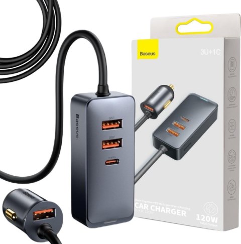 ŁADOWARKA SAMOCHODOWA NA PRZEWODZIE Baseus Share Together 120W 3A 3x USB-A 1x USB-C PD 20W QC 3.0 ŁADOWARKA SAMOCHODOWA NA PRZEWODZIE Baseus Share Together 120W 3A 3x USB-A 1x USB-C PD 20W QC 3.0