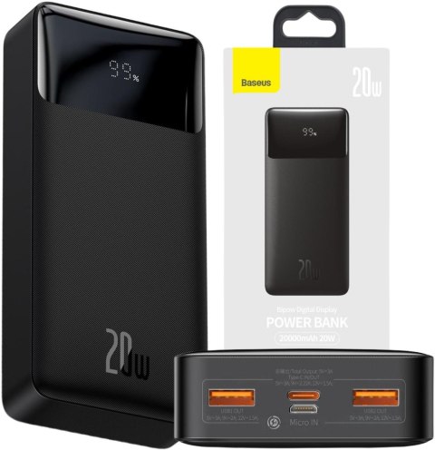 Powerbank Baseus Bipow Digital Display PPBD050501 20000mAh 20W PD QC 3.0 2x USB-A 1x USB-C + KABEL Powerbank Baseus Bipow Digital Display PPBD050501 20000mAh 20W PD QC 3.0 2x USB-A 1x USB-C + KABEL