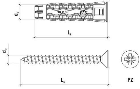 Kołek uniwersalny 8x40/50, wkręt z łbem stożkowym, karton (SFXP-08040050 x 100szt.) Kołek uniwersalny 8x40/50, wkręt z łbem stożkowym, karton (SFXP-08040050 x 100szt.)