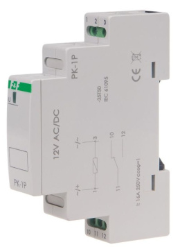 Konfiguracja styków: 1xNO/NC Prąd obciążenia:        16 A  Napięcie zasilania:     12 V AC/DC  Przekaźnik elektromagnetyczny w obudowie jednomodułowej do bezpośredniego  montażu na szynie 35mm.