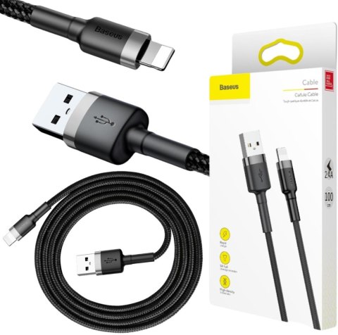 KABEL USB-A / Lightning iPhone Baseus Cafule CALKLF-BG1 100cm Apple 2.4A CZARNO-SZARY W OPLOCIE KABEL USB-A / Lightning iPhone Baseus Cafule CALKLF-BG1 100cm Apple 2.4A CZARNO-SZARY W OPLOCIE