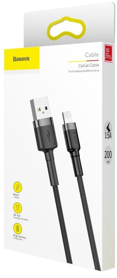 KABEL USB-A / Lightning iPhone Baseus Cafule CALKLF-CG1 200cm Apple 1.5A CZARNO-SZARY W OPLOCIE KABEL USB-A / Lightning iPhone Baseus Cafule CALKLF-CG1 200cm Apple 1.5A CZARNO-SZARY W OPLOCIE
