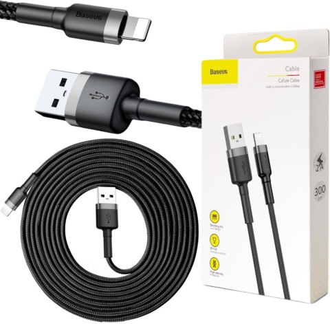 KABEL USB-A / Lightning iPhone Baseus Cafule CALKLF-RG1 300cm Apple 2A CZARNO-SZARY W OPLOCIE KABEL USB-A / Lightning iPhone Baseus Cafule CALKLF-RG1 300cm Apple 2A CZARNO-SZARY W OPLOCIE