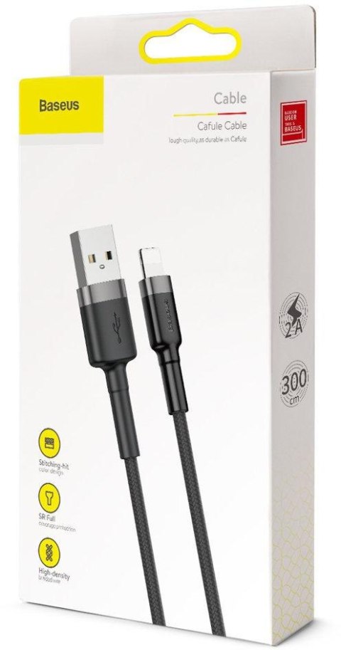 KABEL USB-A / Lightning iPhone Baseus Cafule CALKLF-RG1 300cm Apple 2A CZARNO-SZARY W OPLOCIE KABEL USB-A / Lightning iPhone Baseus Cafule CALKLF-RG1 300cm Apple 2A CZARNO-SZARY W OPLOCIE