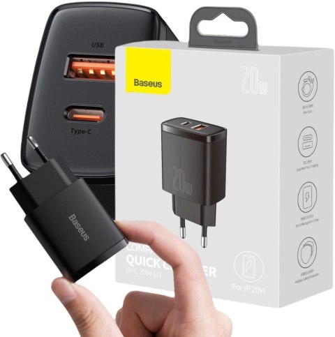 ŁADOWARKA SIECIOWA Baseus Compact Quick Charger CCXJ-B01 20W 1x USB-A 1x USB-C PD 3.0 QC 3.0 CZARNA ŁADOWARKA SIECIOWA Baseus Compact Quick Charger CCXJ-B01 20W 1x USB-A 1x USB-C PD 3.0 QC 3.0 CZARNA