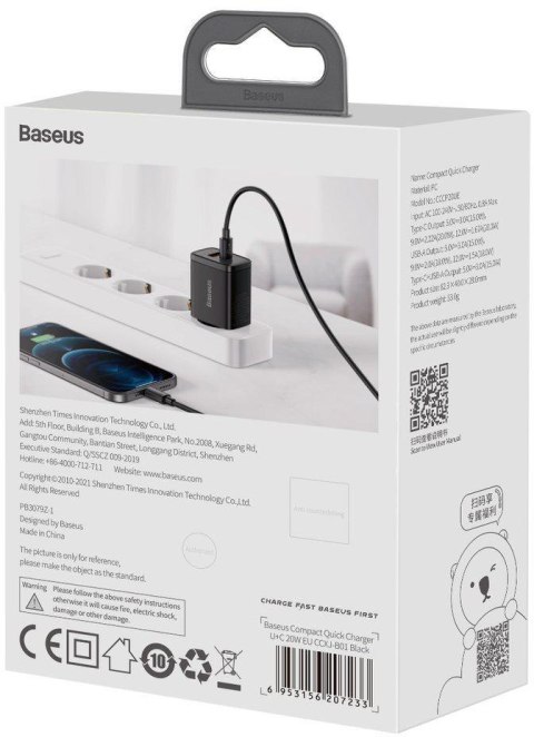ŁADOWARKA SIECIOWA Baseus Compact Quick Charger CCXJ-B01 20W 1x USB-A 1x USB-C PD 3.0 QC 3.0 CZARNA ŁADOWARKA SIECIOWA Baseus Compact Quick Charger CCXJ-B01 20W 1x USB-A 1x USB-C PD 3.0 QC 3.0 CZARNA