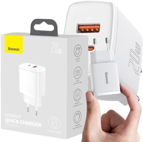 ŁADOWARKA SIECIOWA Baseus Compact Quick Charger CCXJ-B02 20W 1x USB-A 1x USB-C PD 3.0 QC 3.0 BIAŁA ŁADOWARKA SIECIOWA Baseus Compact Quick Charger CCXJ-B02 20W 1x USB-A 1x USB-C PD 3.0 QC 3.0 BIAŁA