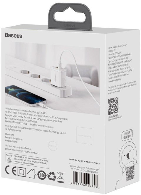 ŁADOWARKA SIECIOWA Baseus Compact Quick Charger CCXJ-B02 20W 1x USB-A 1x USB-C PD 3.0 QC 3.0 BIAŁA ŁADOWARKA SIECIOWA Baseus Compact Quick Charger CCXJ-B02 20W 1x USB-A 1x USB-C PD 3.0 QC 3.0 BIAŁA
