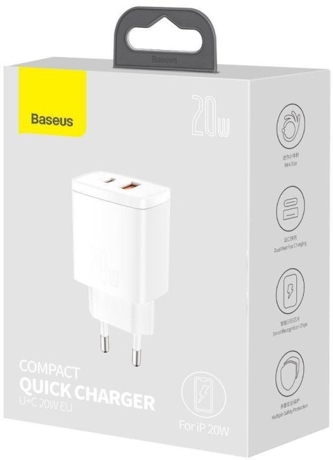 ŁADOWARKA SIECIOWA Baseus Compact Quick Charger CCXJ-B02 20W 1x USB-A 1x USB-C PD 3.0 QC 3.0 BIAŁA ŁADOWARKA SIECIOWA Baseus Compact Quick Charger CCXJ-B02 20W 1x USB-A 1x USB-C PD 3.0 QC 3.0 BIAŁA