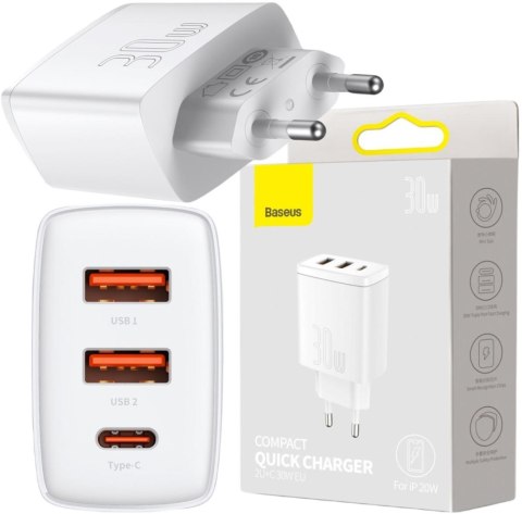 ŁADOWARKA SIECIOWA Baseus Compact Quick Charger CCXJ-E02 30W 2x USB-A 1x USB-C PD 3.0 QC 3.0 BIAŁA ŁADOWARKA SIECIOWA Baseus Compact Quick Charger CCXJ-E02 30W 2x USB-A 1x USB-C PD 3.0 QC 3.0 BIAŁA