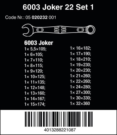 ZESTAW KLUCZY PŁASKO-OCZKOWYCH 6003 JOKER 22 SET 1, 22SZT. ZESTAW KLUCZY PŁASKO-OCZKOWYCH 6003 JOKER 22 SET 1, 22SZT.