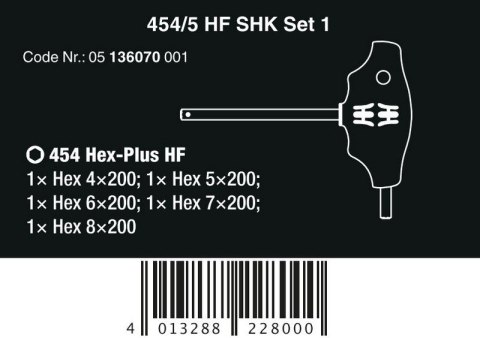ZESTAW WKRĘTAKÓW PROFIL HEX PLUS W 454/5 HF SHK SET 1, 5CZ. ZESTAW WKRĘTAKÓW PROFIL HEX PLUS W 454/5 HF SHK SET 1, 5CZ.