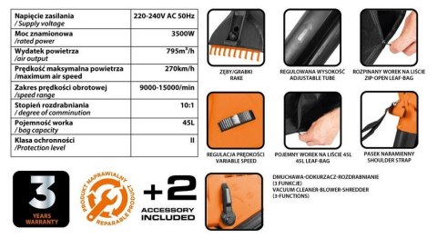 ODKURZACZ OGRODOWY 3500W WOREK 45L ODKURZACZ OGRODOWY 3500W WOREK 45L