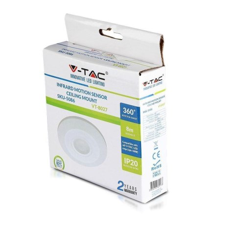 Czujnik Ruchu 360st V-TAC Natynkowy Sufitowy SLIM 25mm Biały VT-8027 Czujnik Ruchu 360st V-TAC Natynkowy Sufitowy SLIM 25mm Biały VT-8027