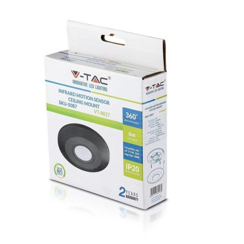 Czujnik Ruchu 360st V-TAC Natynkowy Sufitowy SLIM 25mm Czarny VT-8027