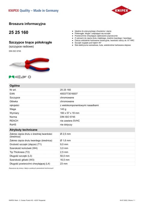 SZCZYPCE TNĄCE PÓŁOKRĄGŁE 160MM KNIPEX SZCZYPCE TNĄCE PÓŁOKRĄGŁE 160MM KNIPEX