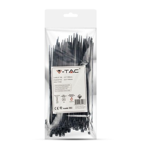Opaski Zaciskowe V-TAC 2.5x150mm Czarna 8kg Nylon66 (Opak. 100szt)