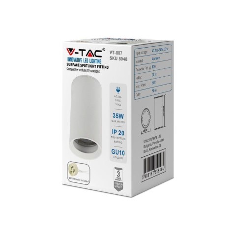 Oprawa V-TAC Aluminiowa GU10 Okrągła Natynkowa Tuba Biała 60x100mm VT-807-W 3 Lata Gwarancji Oprawa V-TAC Aluminiowa GU10 Okrągła Natynkowa Tuba Biała 60x100mm VT-807-W 3 Lata Gwarancji