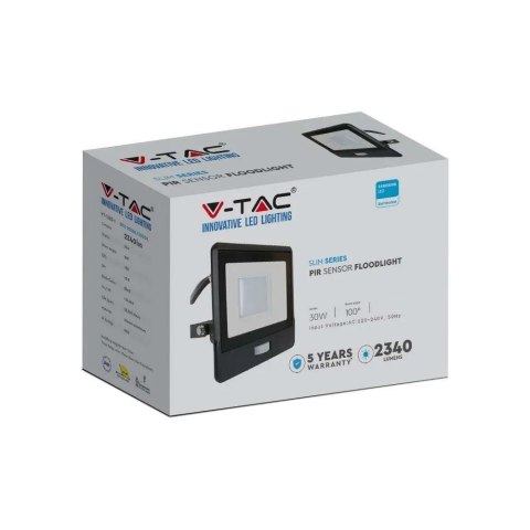 Projektor LED V-TAC 30W SAMSUNG CHIP czujnik ruchu czarny przewód 1M VT-138S-1 6400K 2340lm 5 lat gwarancji