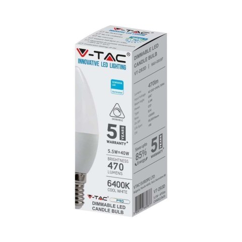 Żarówka LED V-TAC SAMSUNG CHIP 5.5W E14 Świeczka Ściemnialna VT-293D 6400K 470lm 5 Lat Gwarancji Żarówka LED V-TAC SAMSUNG CHIP 5.5W E14 Świeczka Ściemnialna VT-293D 6400K 470lm 5 Lat Gwarancji