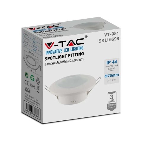 Oczko V-TAC GU10 Wpuszczane Okrągłe Szczelne z szybą IP44 Białe VT-981 3 Lata Gwarancji Oczko V-TAC GU10 Wpuszczane Okrągłe Szczelne z szybą IP44 Białe VT-981 3 Lata Gwarancji