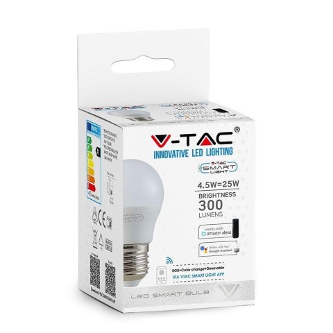 Żarówka LED SMART WiFi V-TAC 4.5W E27 Kulka G45 TUYA Amazon Alexa Google Home VT-5124 RGB+2700K-6400K 300lm
