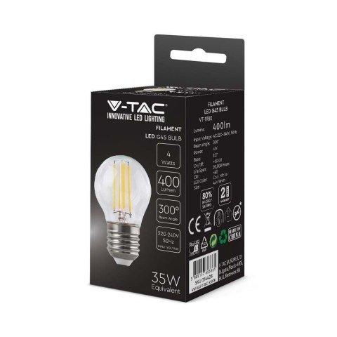 Żarówka LED V-TAC 4W Filament E27 G45 P45 Kulka VT-1980 6500K 400lm Żarówka LED V-TAC 4W Filament E27 G45 P45 Kulka VT-1980 6500K 400lm