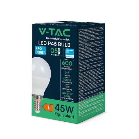 Żarówka LED V-TAC SAMSUNG CHIP 6,5W E14 kulka P45 VT-270 3000K 600lm 5 lat Gwarancji