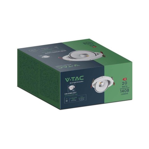 Oprawa V-TAC LED Uchylny Downlight 20W LED COB CRI90+ CCT Biała VT-2520 3000K-4000K-6400K 1408lm Oprawa V-TAC LED Uchylny Downlight 20W LED COB CRI90+ CCT Biała VT-2520 3000K-4000K-6400K 1408lm