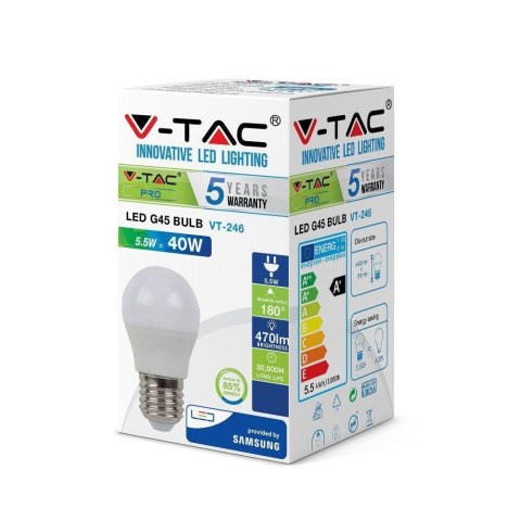 Żarówka LED V-TAC SAMSUNG CHIP 5.5W E27 G45 Kulka VT-246 6400K 470lm 5 Lat Gwarancji Żarówka LED V-TAC SAMSUNG CHIP 5.5W E27 G45 Kulka VT-246 6400K 470lm 5 Lat Gwarancji