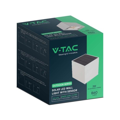 Oprawa Ścienna Solarna V-TAC 9W LED COB Regulowana Biała Kostka 15x15cm IP65 VT-11109 4000K 860lm Oprawa Ścienna Solarna V-TAC 9W LED COB Regulowana Biała Kostka 15x15cm IP65 VT-11109 4000K 860lm