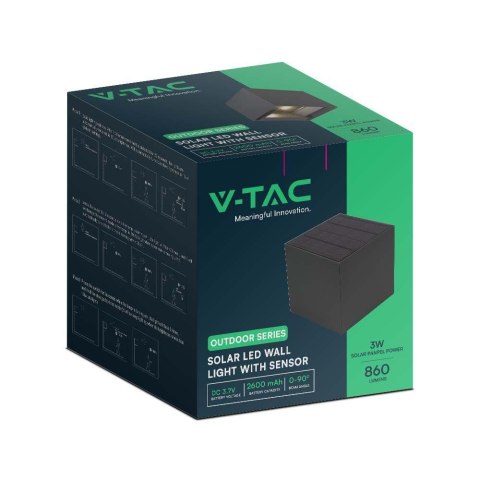 Oprawa Ścienna Solarna V-TAC 9W LED COB Regulowana Czarna Kostka 15x15cm IP65 VT-11109 4000K 860lm Oprawa Ścienna Solarna V-TAC 9W LED COB Regulowana Czarna Kostka 15x15cm IP65 VT-11109 4000K 860lm