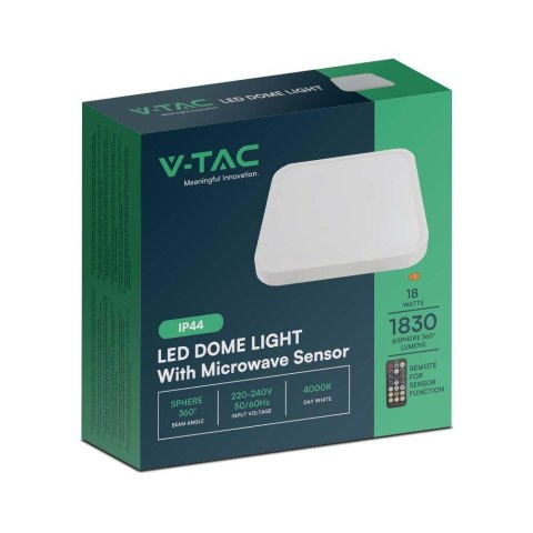 Plafon V-TAC 18W LED Kwadrat 30x30cm Natynkowy Pilot Czujnik Ruchu IP44 Biały VT-8618S 4000K 1830lm Plafon V-TAC 18W LED Kwadrat 30x30cm Natynkowy Pilot Czujnik Ruchu IP44 Biały VT-8618S 4000K 1830lm