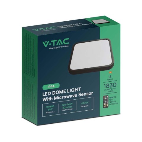 Plafon V-TAC 18W LED Kwadrat 30x30cm Natynkowy Pilot Czujnik Ruchu IP44 Czarny VT-8618S 4000K 1830lm Plafon V-TAC 18W LED Kwadrat 30x30cm Natynkowy Pilot Czujnik Ruchu IP44 Czarny VT-8618S 4000K 1830lm