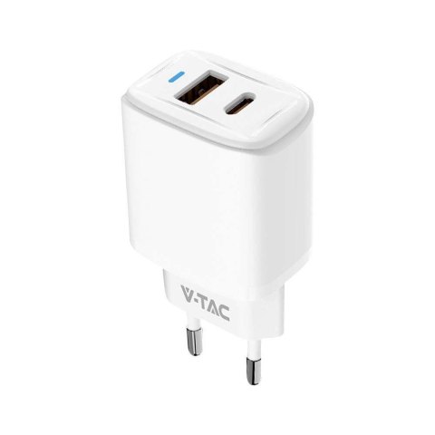 Ładowarka USB V-TAC SZYBKA 20W Biała MINI Dual USB Type-A Type-C VT-3530 Ładowarka USB V-TAC SZYBKA 20W Biała MINI Dual USB Type-A Type-C VT-3530