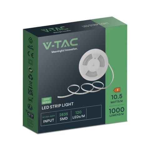 Taśma LED 230V V-TAC RĘKAW IP65 120LED/m 10,5W/m Rolka 10mb VT-2835 121-10M 4000K 1000lm Taśma LED 230V V-TAC RĘKAW IP65 120LED/m 10,5W/m Rolka 10mb VT-2835 121-10M 4000K 1000lm