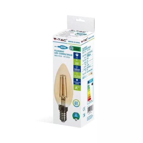 Żarówka LED V-TAC 4W Filament E14 Świeczka Bursztyn VT-1955 2200K 350lm Żarówka LED V-TAC 4W Filament E14 Świeczka Bursztyn VT-1955 2200K 350lm