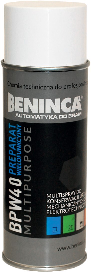 CHEMIA: Preparat wielofunkcyjny Beninca BPW40 400ml do bram/automatyki/napędów CHEMIA: Preparat wielofunkcyjny Beninca BPW40 400ml do bram/automatyki/napędów