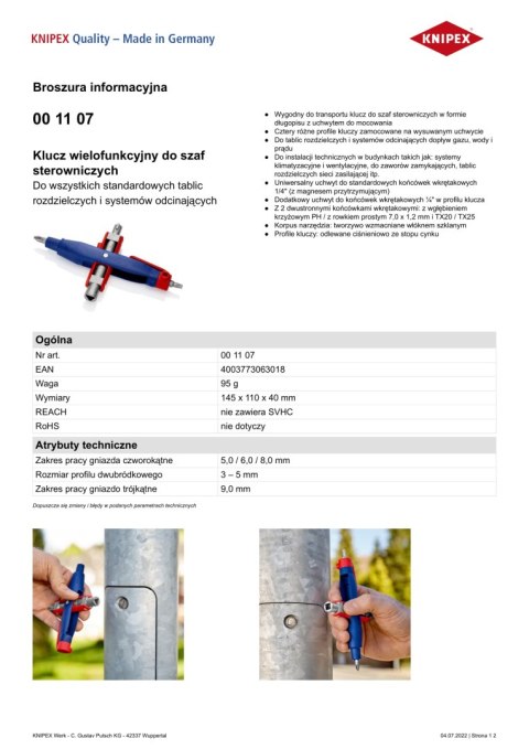 KLUCZ WIELOFUNKCYJNY DO SZAF STEROWNICZYCH KNIPEX KLUCZ WIELOFUNKCYJNY DO SZAF STEROWNICZYCH KNIPEX