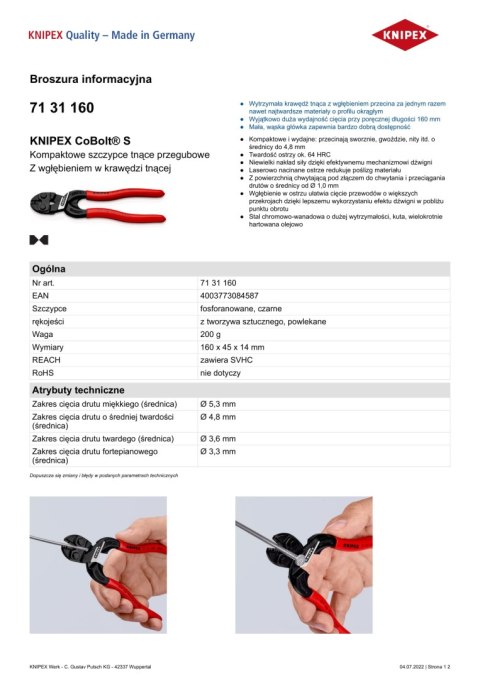 KOMPAKTOWE SZCZYPCE TNĄCE PRZEGUBOWE COBOLT 160MM KNIPEX KOMPAKTOWE SZCZYPCE TNĄCE PRZEGUBOWE COBOLT 160MM KNIPEX