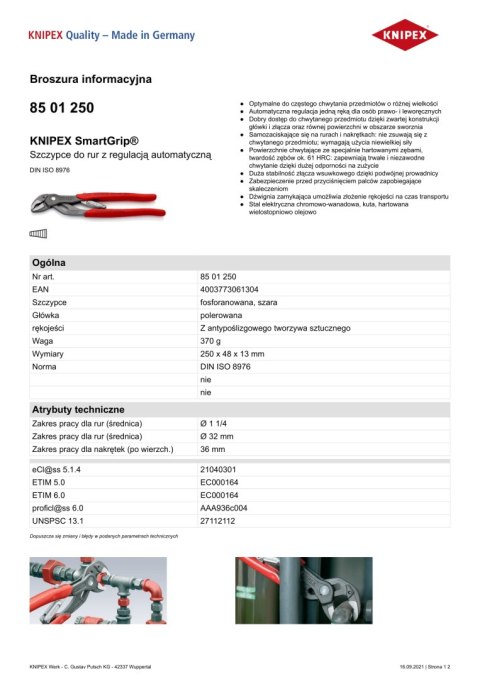 SZCZYPCE DO RUR SMARTGRIP 250MM KNIPEX SZCZYPCE DO RUR SMARTGRIP 250MM KNIPEX